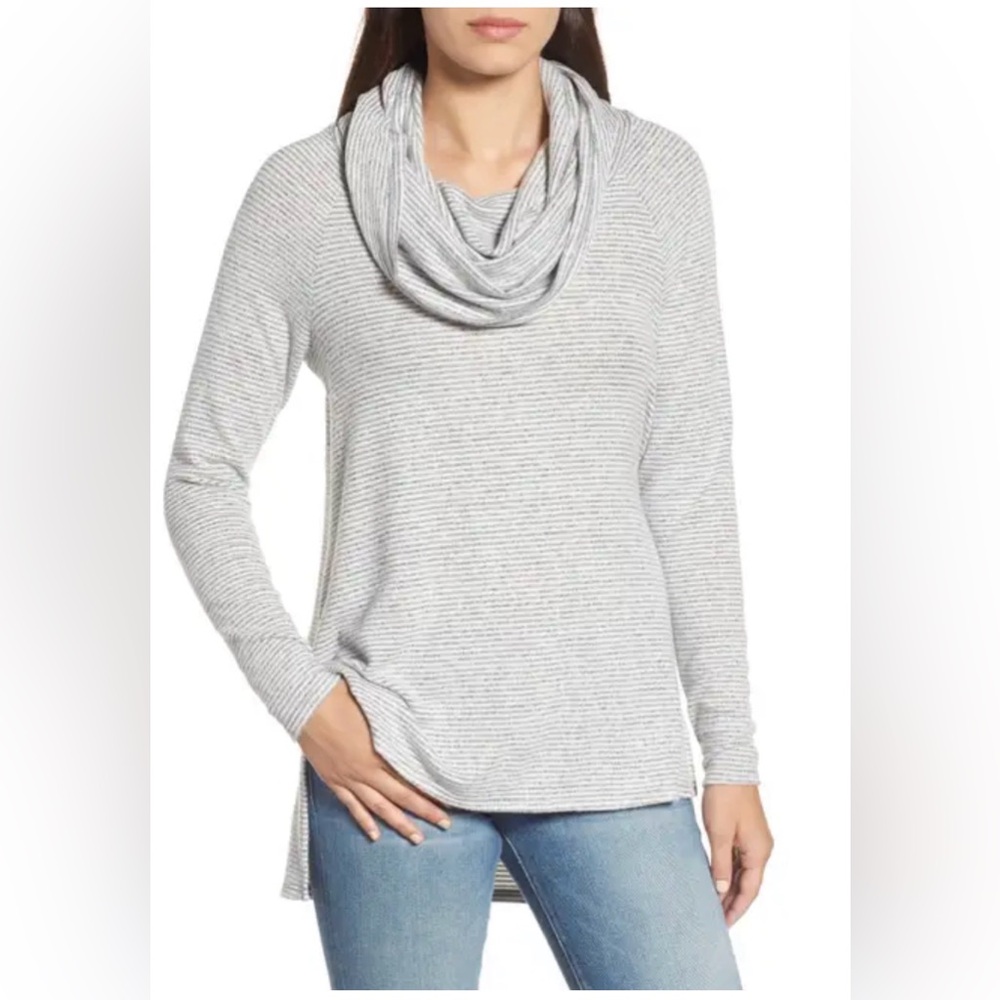 Gibson Gray and White Striped Cowl Neck Sweater (fits like a S/M)